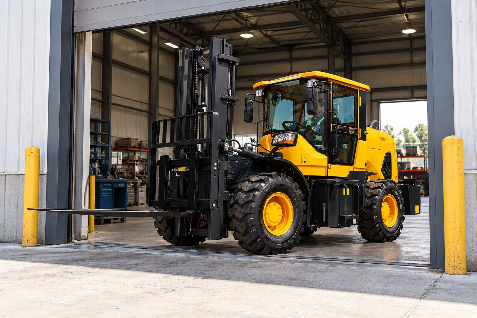 Yellow DY26-3T forklift carefully passing through a wide building entrance