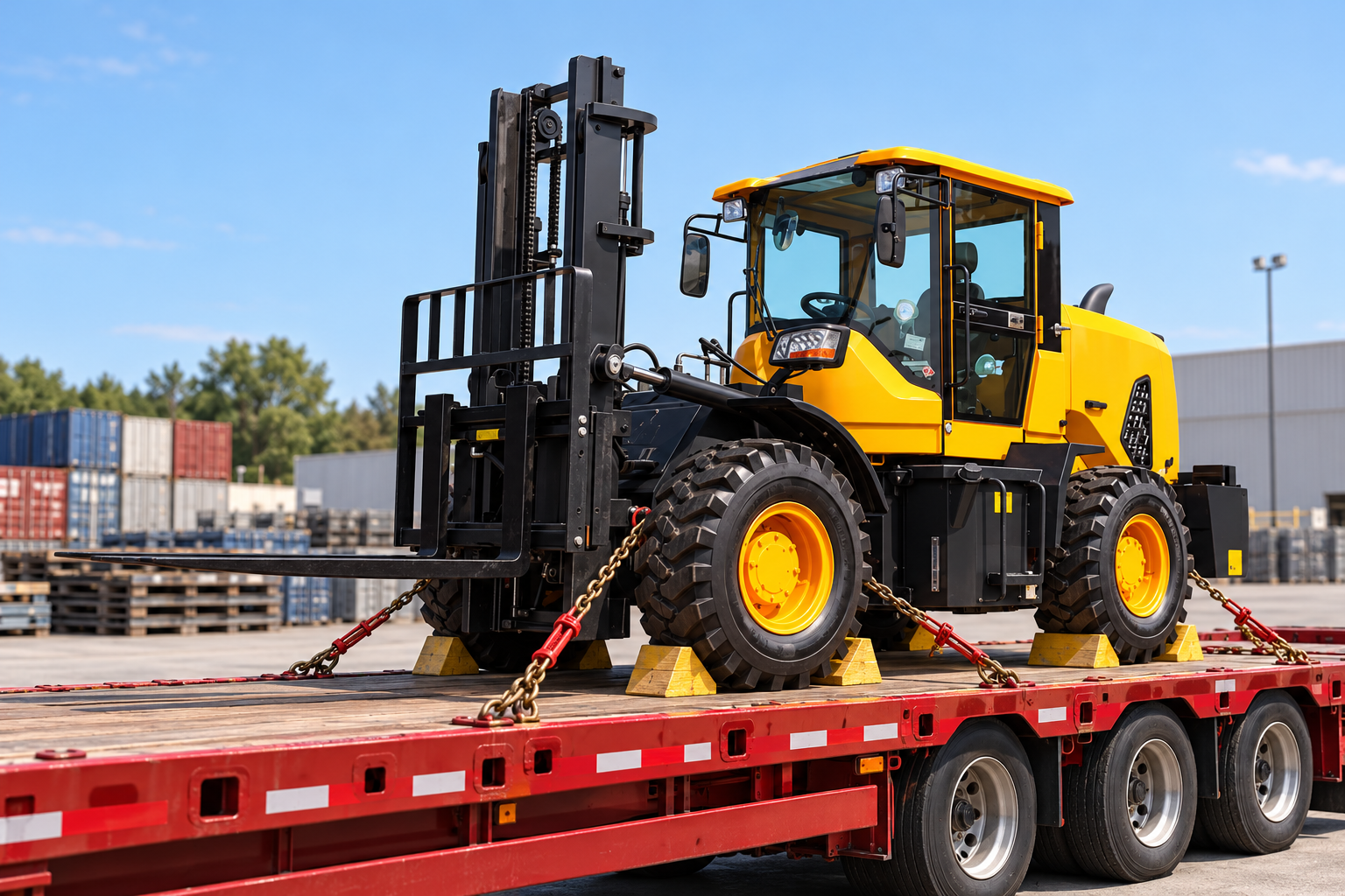 Rough-terrain forklift secured on a low-bed trailer for delivery planning