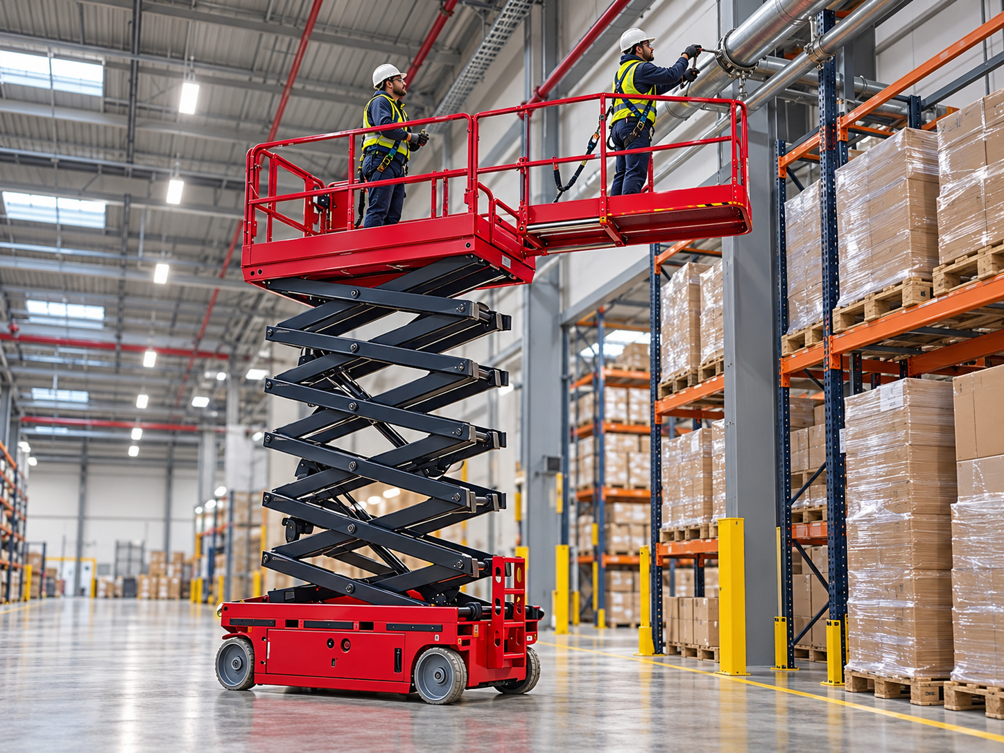 Red ZG-ZX14 scissor lift with extension deck raised during warehouse lighting maintenance