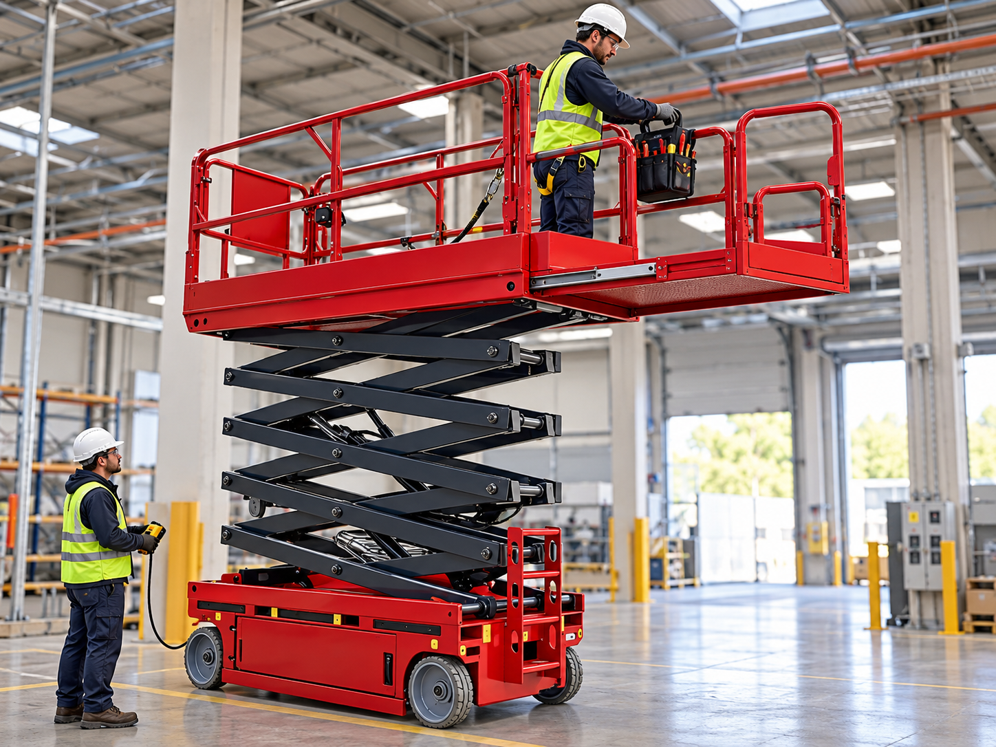 Warehouse technicians using the extended platform deck to reach overhead services