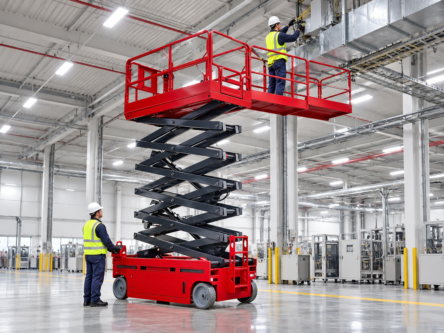 Technician reviewing the scissor lift extension and capacity markings before work