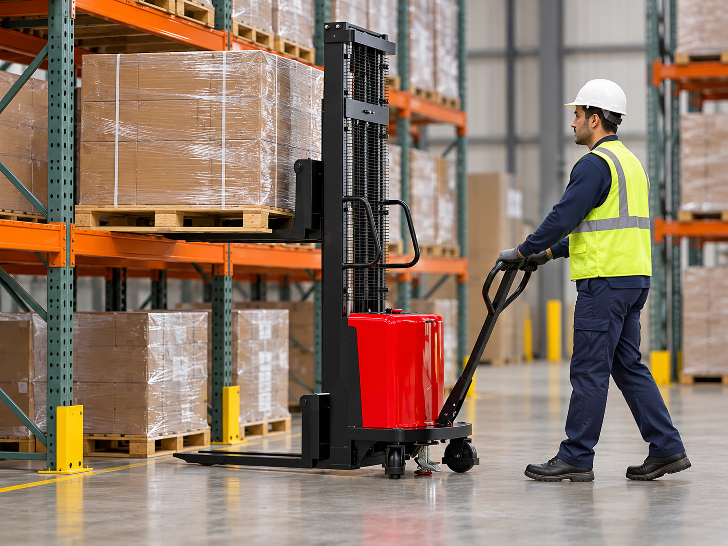SBD101/520 semi-electric stacker handling a wrapped pallet at a low warehouse rack