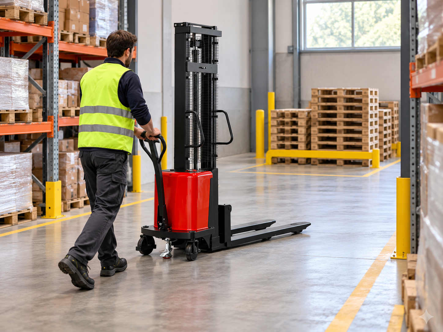 Operator walking a semi-electric stacker along a short clear warehouse aisle