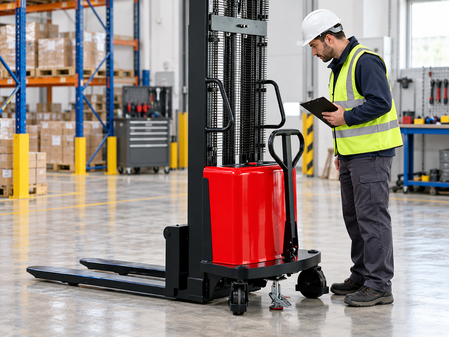 Supervisor inspecting the mast, forks and controls of a parked walk-behind stacker