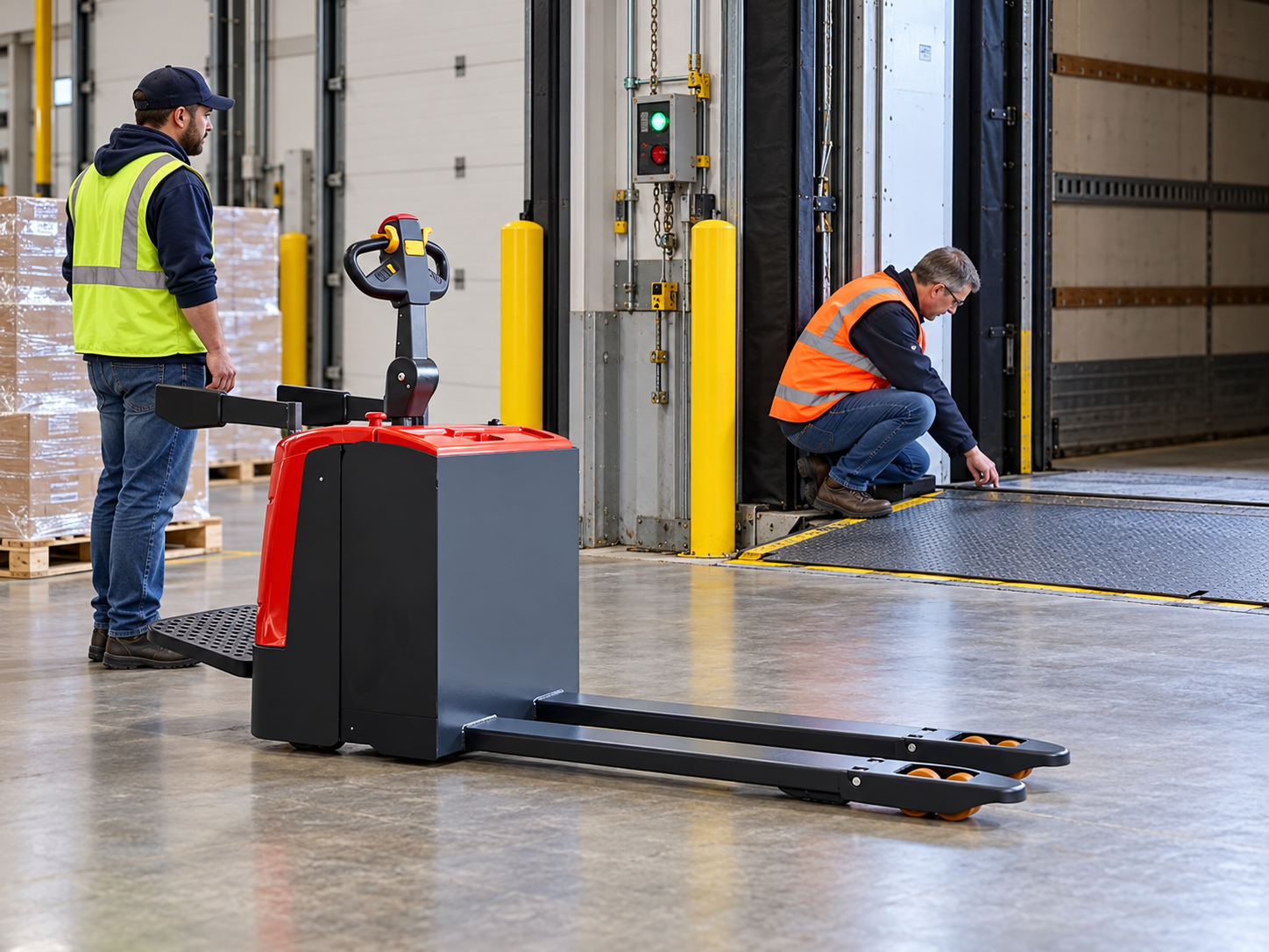 CBD20/25/30 stand-on electric pallet truck waiting on level staging floor before dock transfer