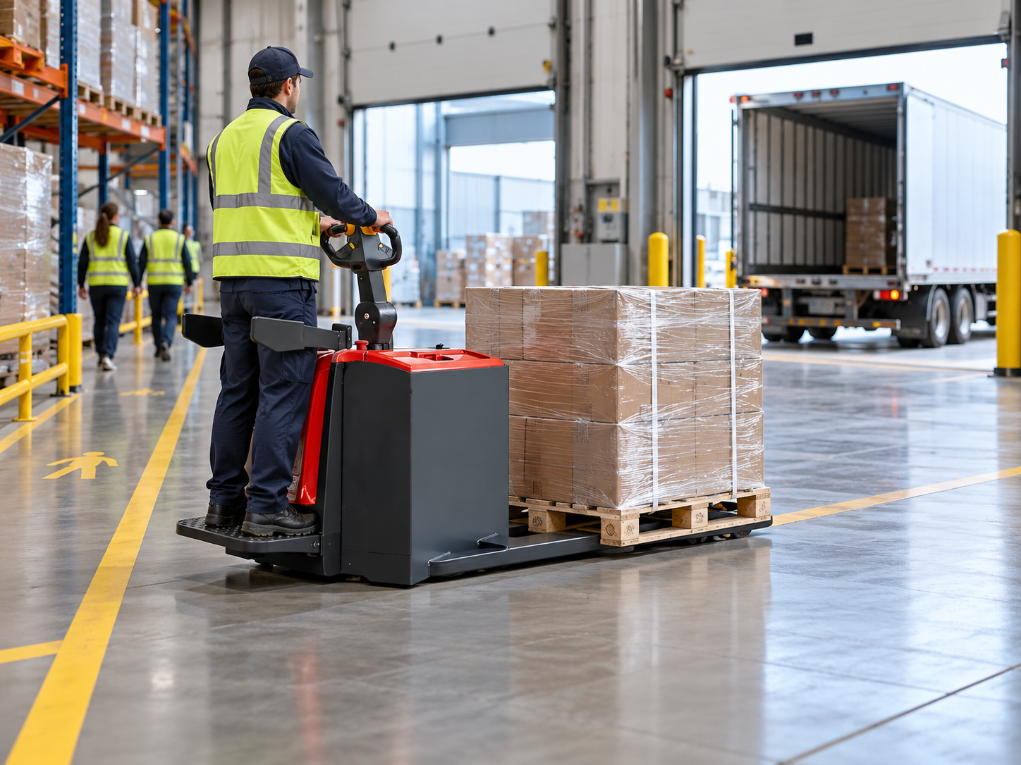 Stand-on pallet truck carrying one stable pallet across a flat dispatch lane
