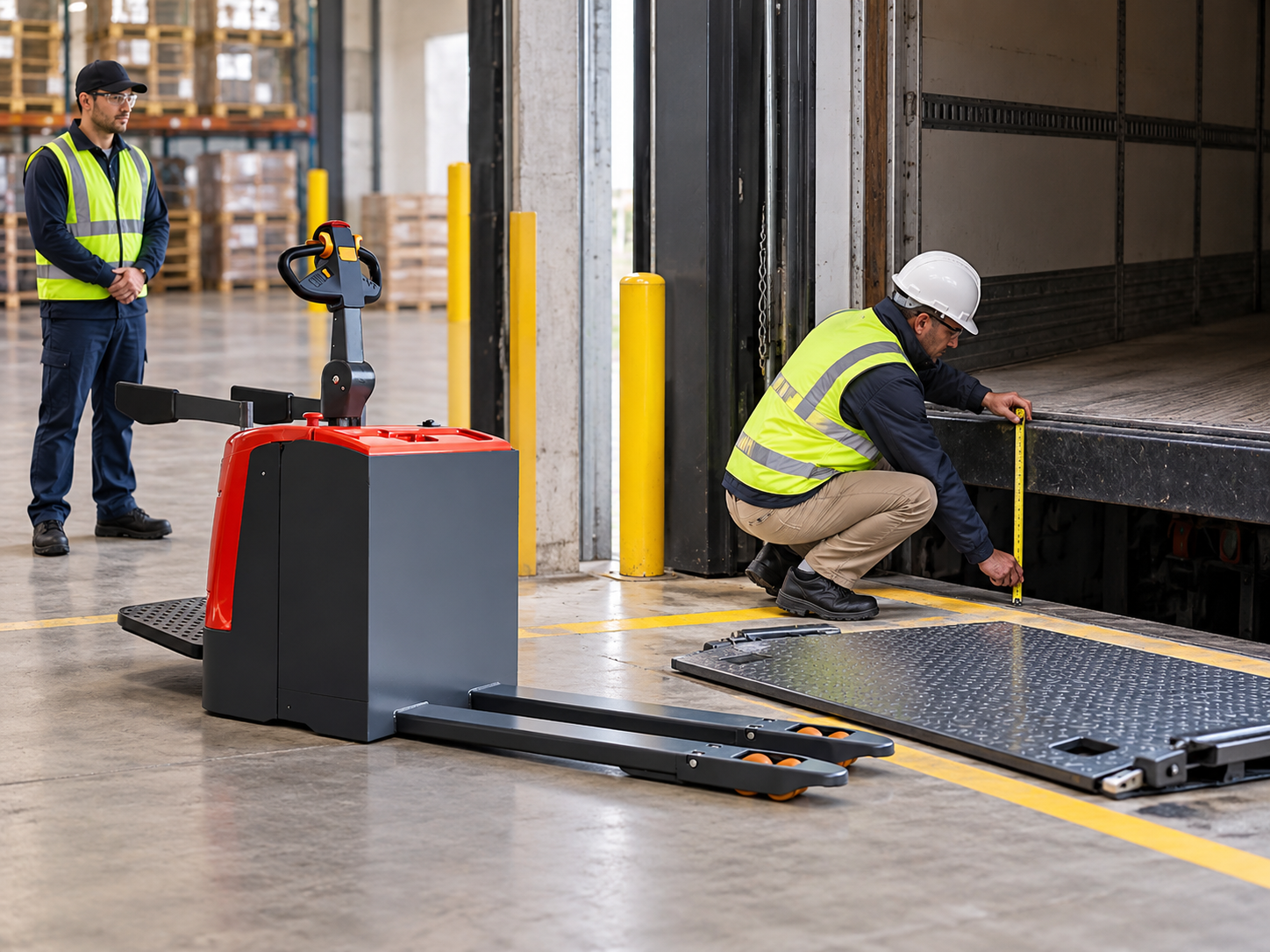 Supervisor inspecting a secured dock plate while the pallet truck remains outside the edge zone