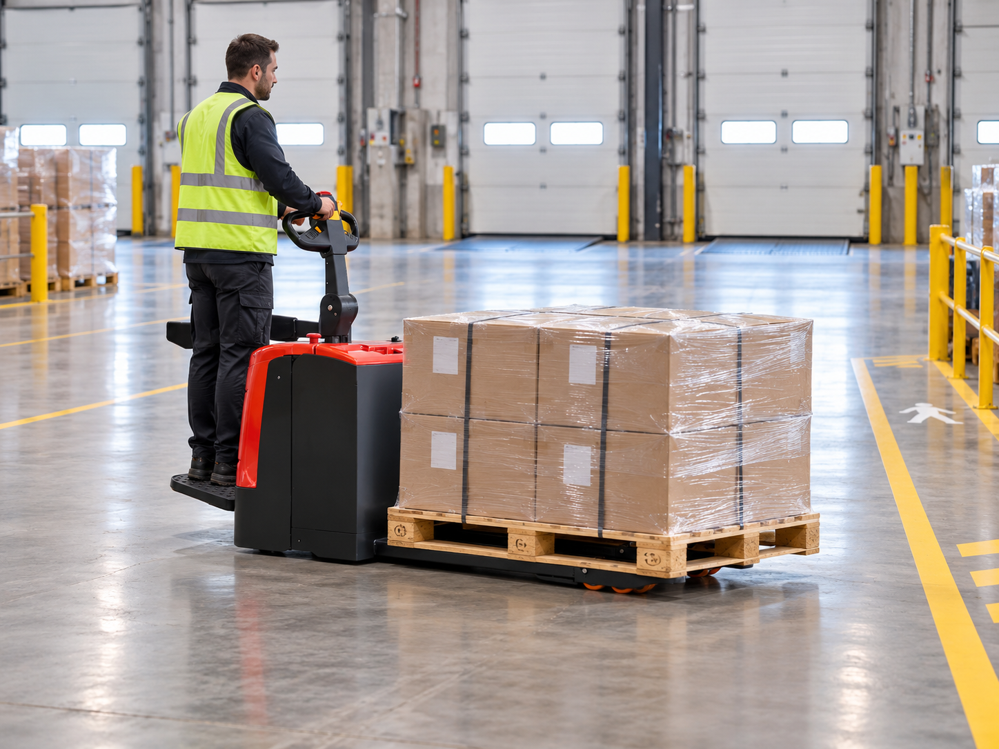 Rider pallet truck moving a pallet across a clear level cross-dock floor