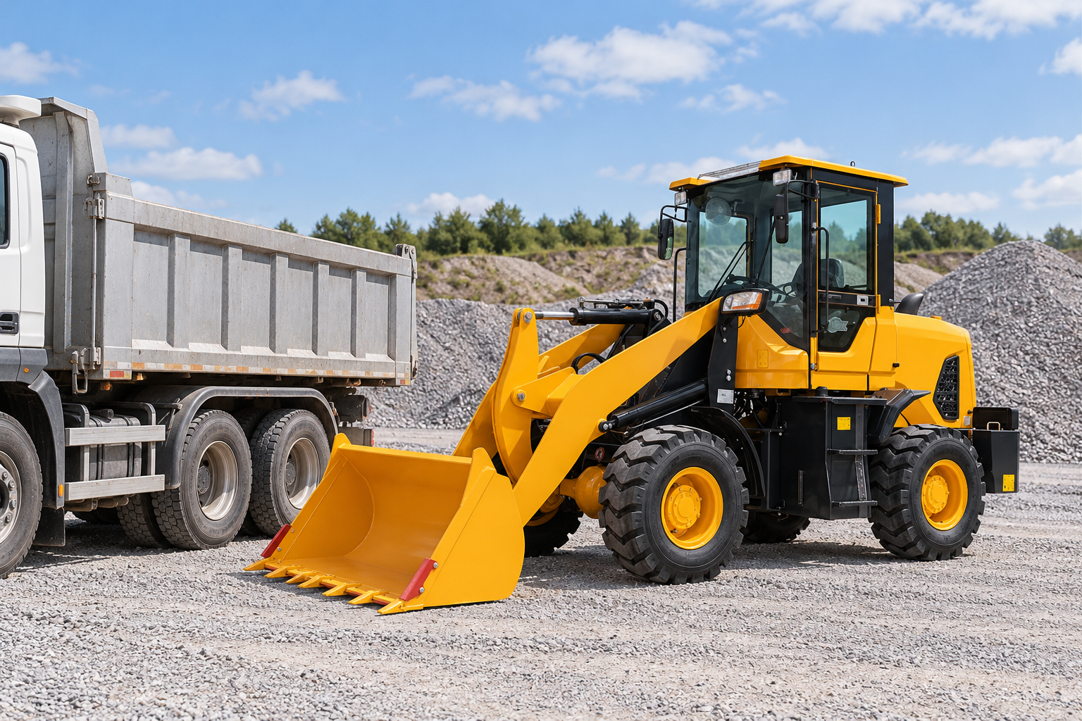 ZGLOADER Q36 parked on level gravel beside a dump truck for a clearance check