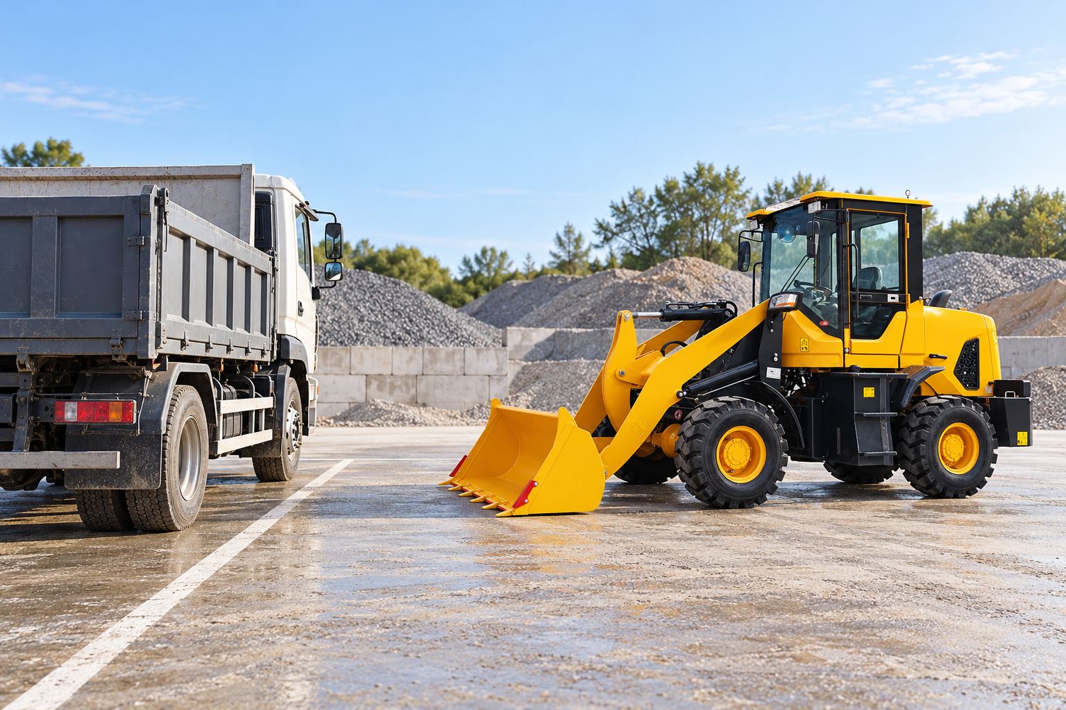 Compact yellow wheel loader aligned with a truck in a marked loading bay