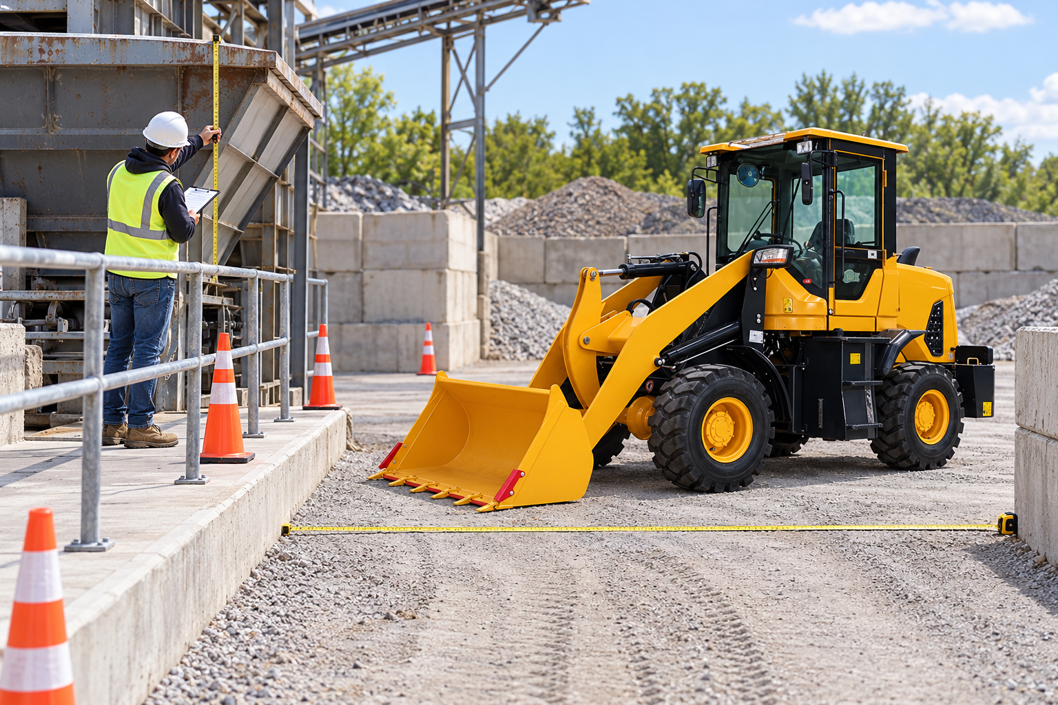 Loader bucket lowered while a planner checks the receiving hopper from a protected walkway
