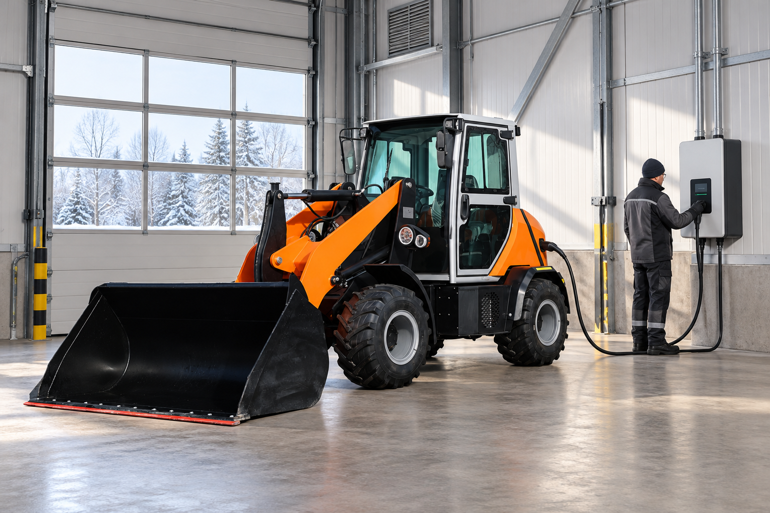 Electric wheel loader parked inside a protected service bay for charging checks