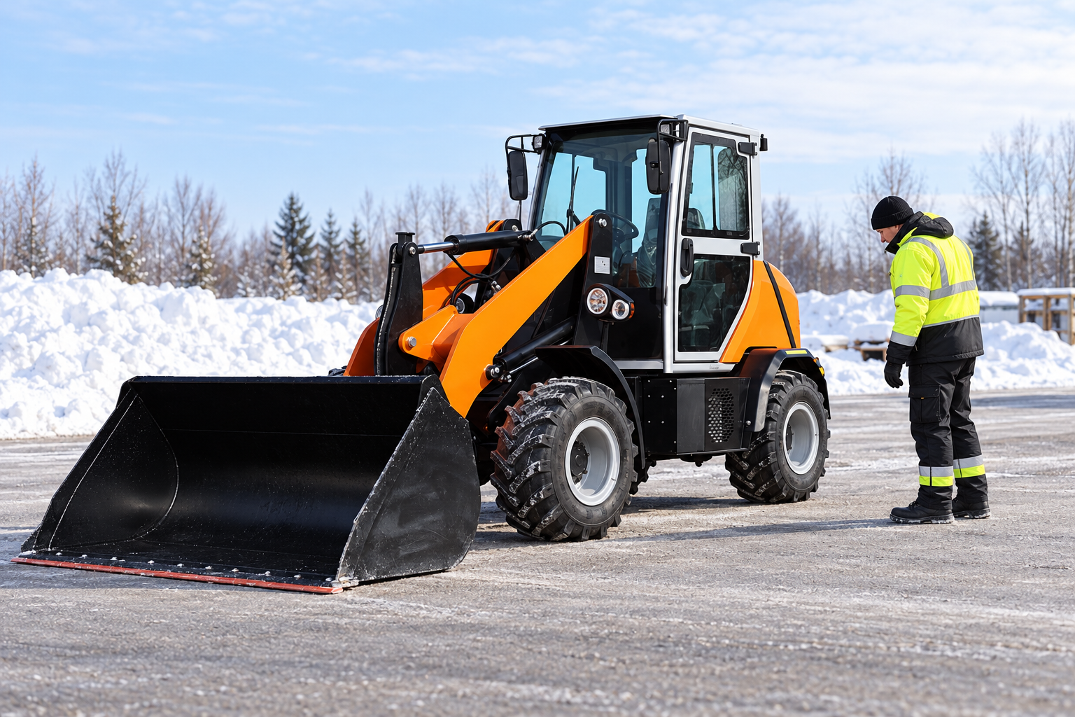 Technician checking a parked loader outdoors in cold weather