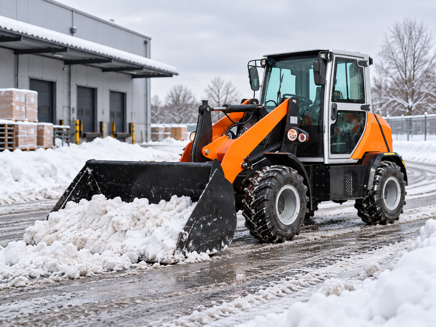 Electric loader clearing a snowy logistics yard beside a warehouse