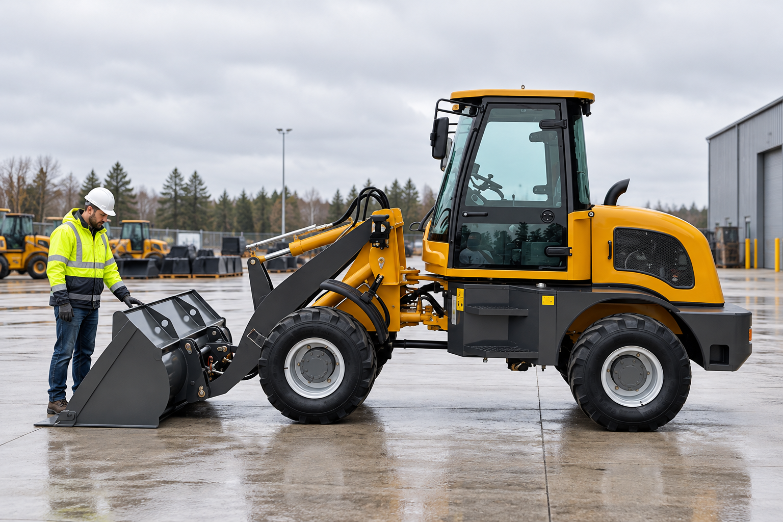 ZGLOADER Euro-style wheel loader parked for a pre-delivery exterior inspection