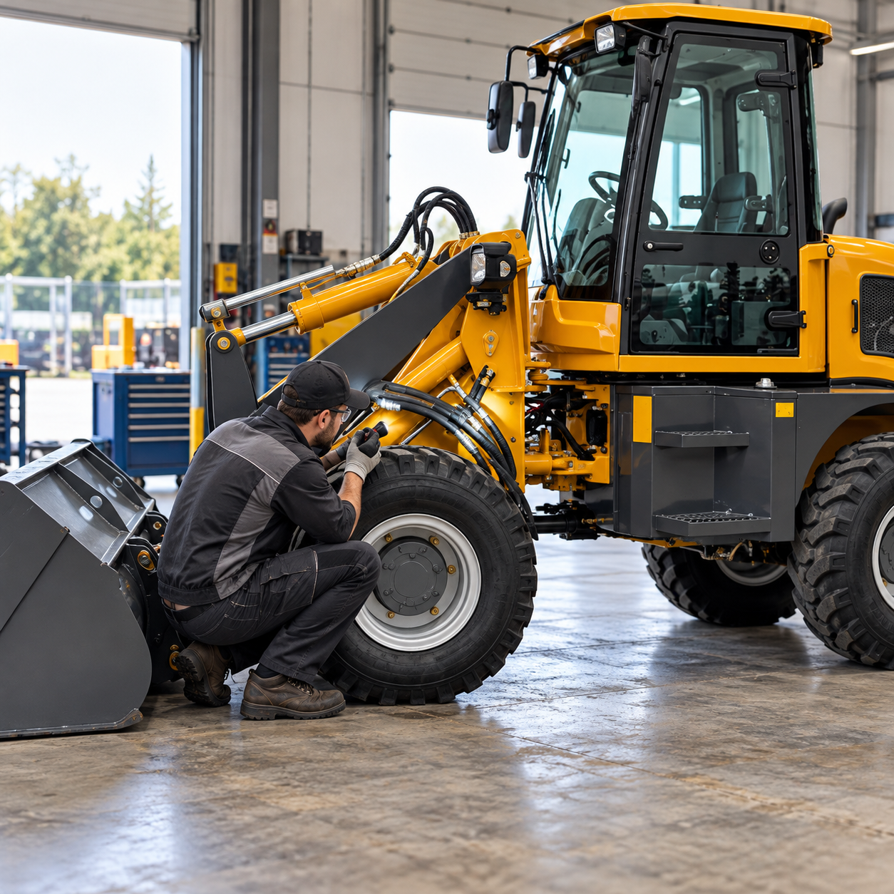 Technician visually checking the stationary loader tire and hose area