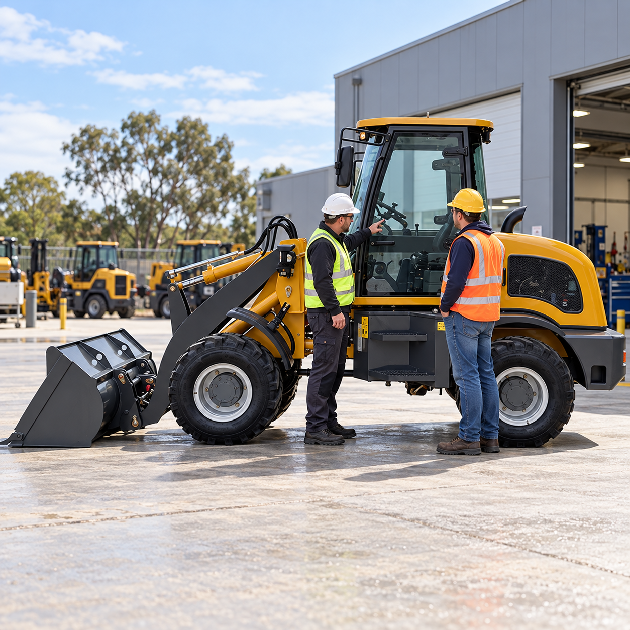 Supplier explaining basic controls beside the parked loader during handover