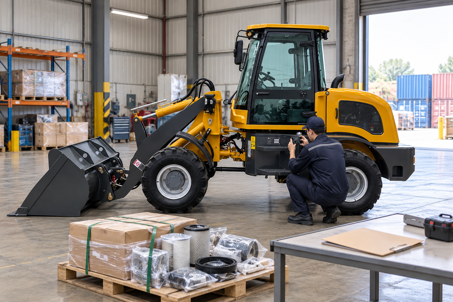 Technician recording identification details on a stationary loader in a delivery bay