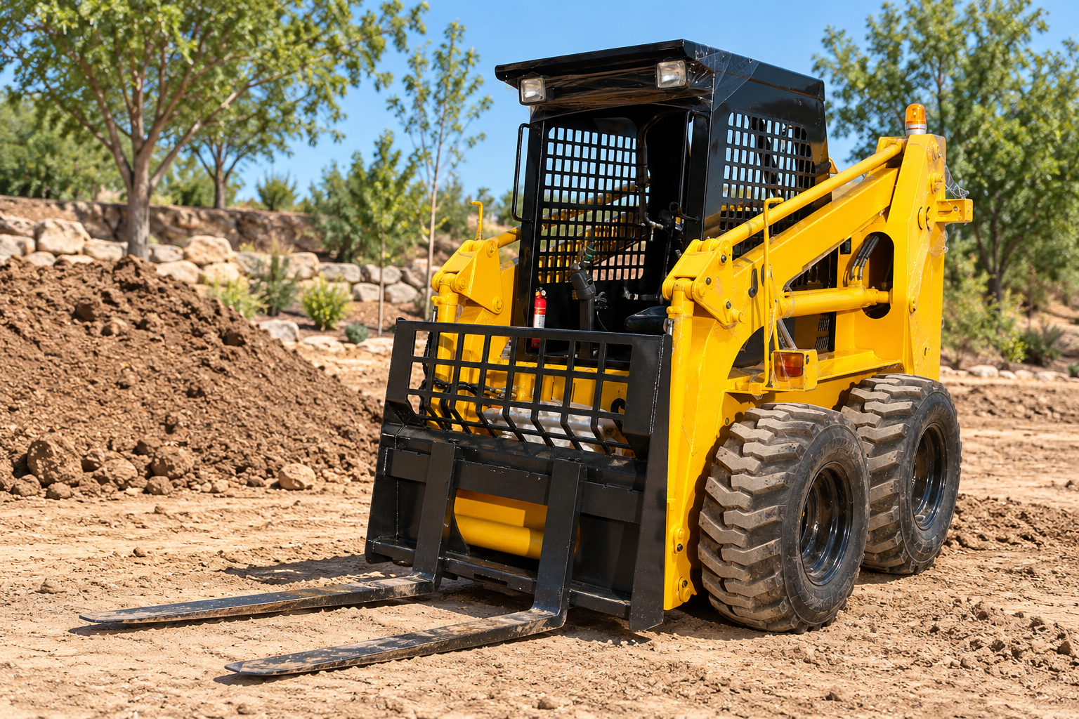 Open-station MYZG skid steer parked on a landscaping site with bucket lowered
