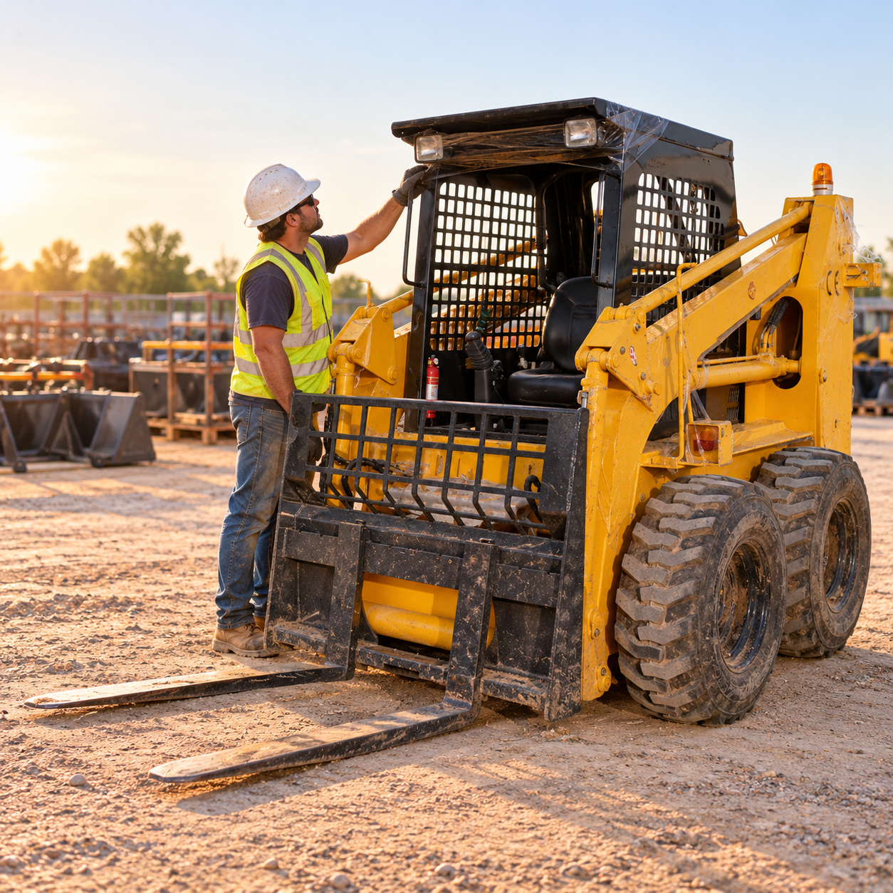 Operator checking the open canopy skid steer after a dusty work shift