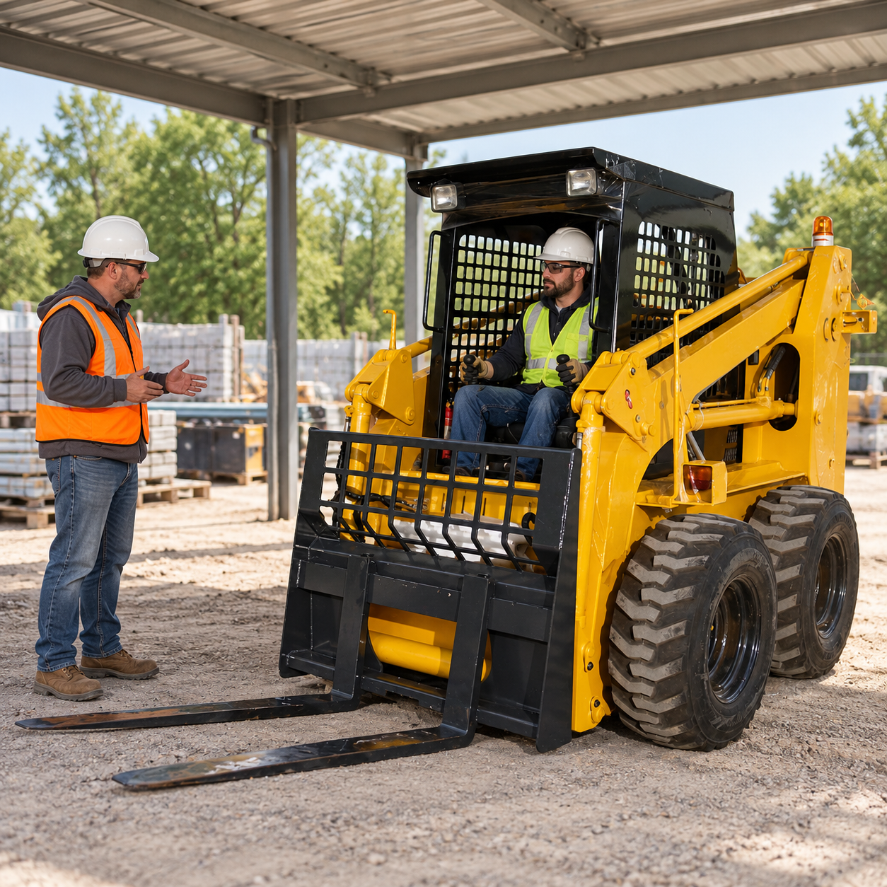 MYZG skid steer parked under shade during an operator configuration review