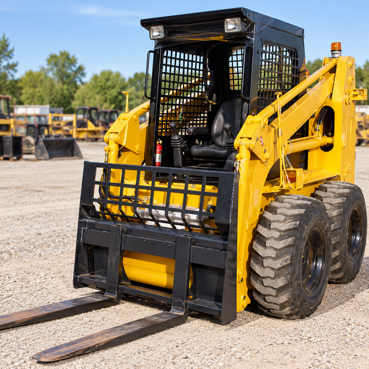 Close view of the open operator station and canopy on a parked JC60 skid steer