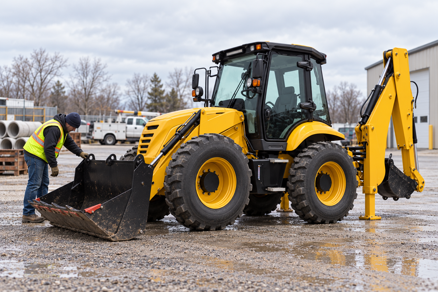 Technician inspecting the front quick-hitch on a parked WZ30-25 backhoe loader