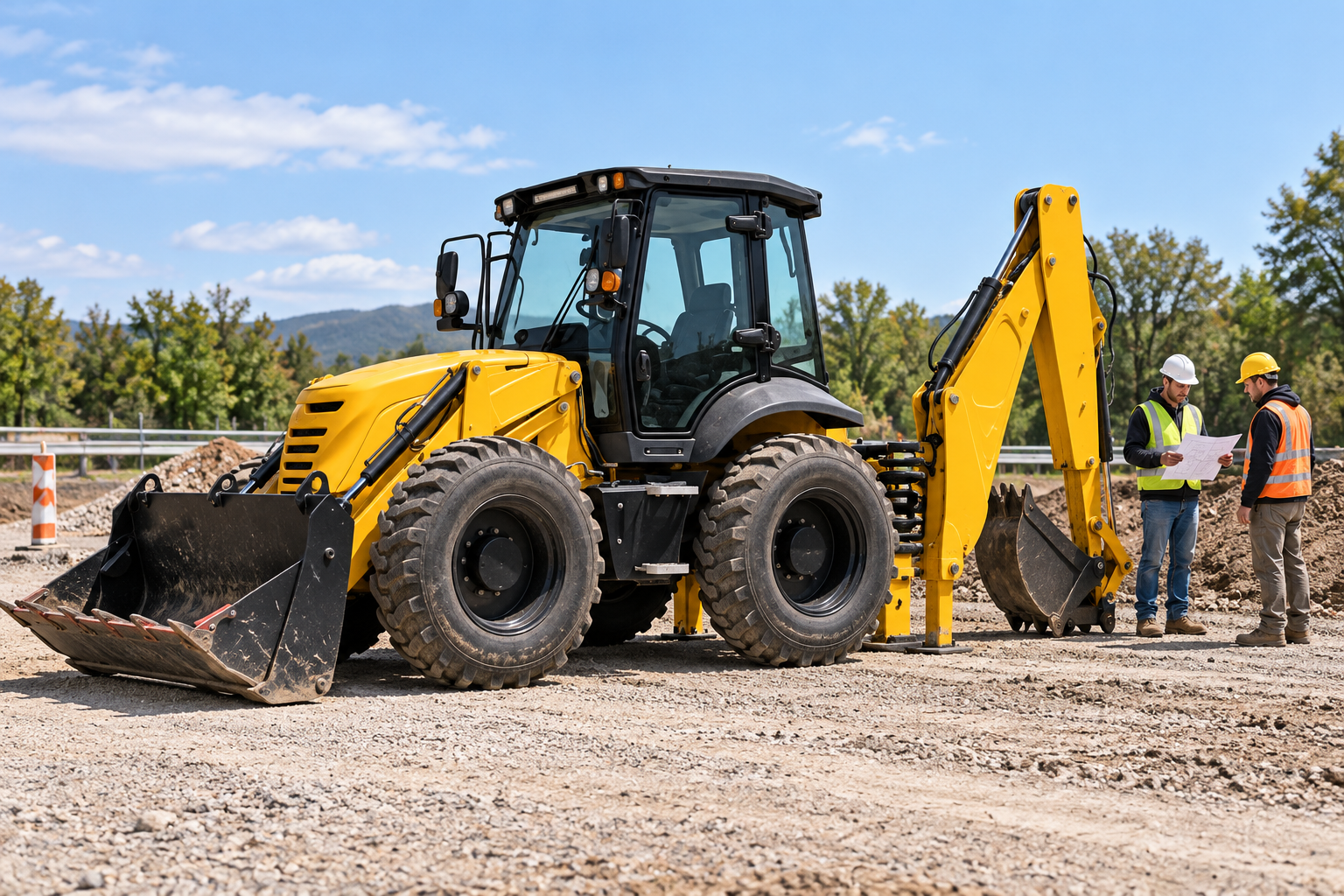Workers reviewing an attachment interface beside a parked backhoe loader