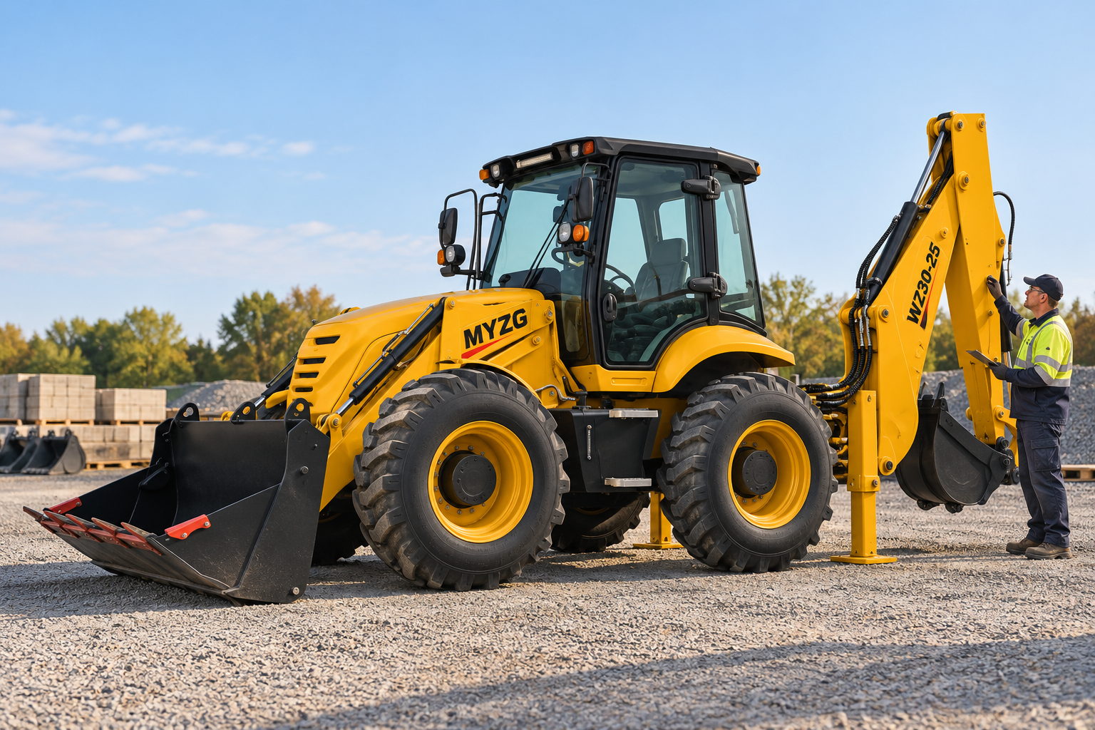 Technician checking auxiliary hydraulic hose routing on a stationary loader backhoe