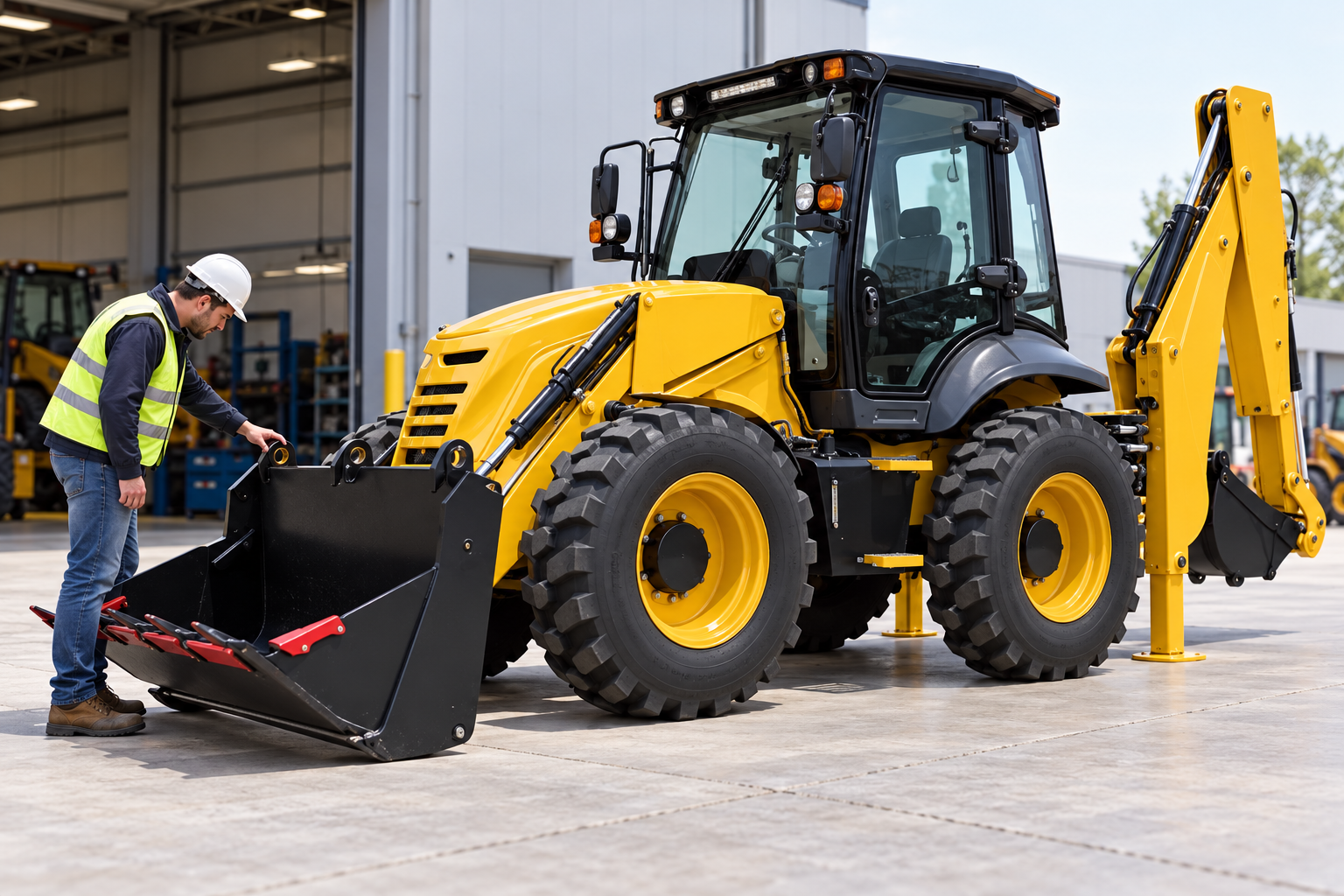 Close inspection of the front attachment plate on a parked MYZG backhoe loader