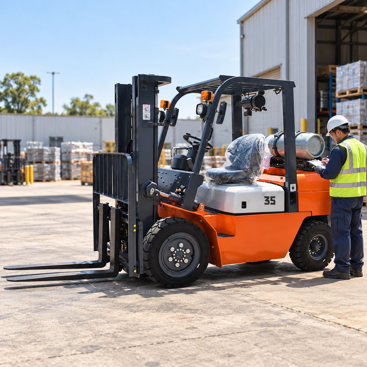 CPC35 LPG forklift parked outdoors while a supervisor reviews cylinder runtime records
