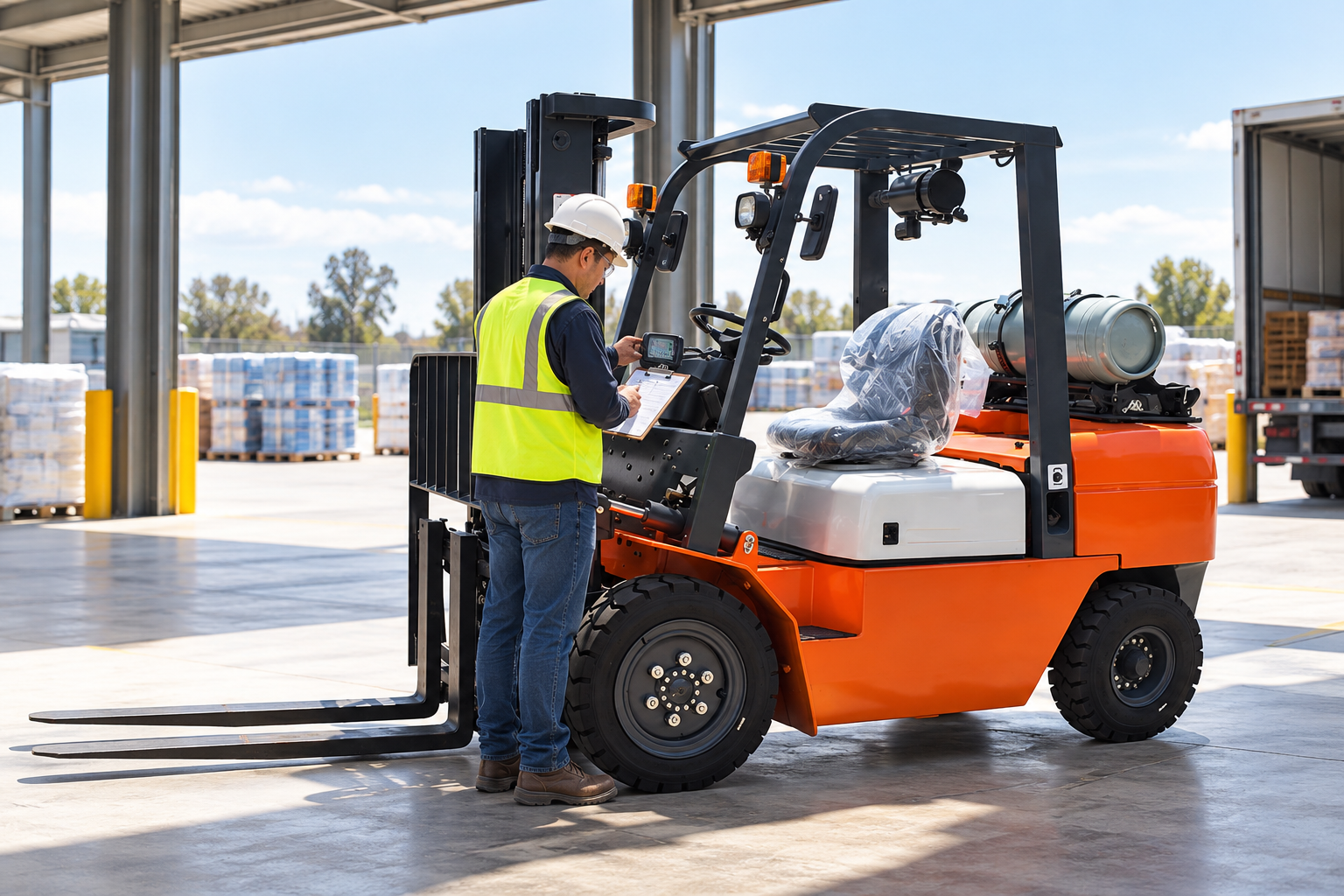 CPC35 LPG forklift parked at an open-sided warehouse bay during a shift review