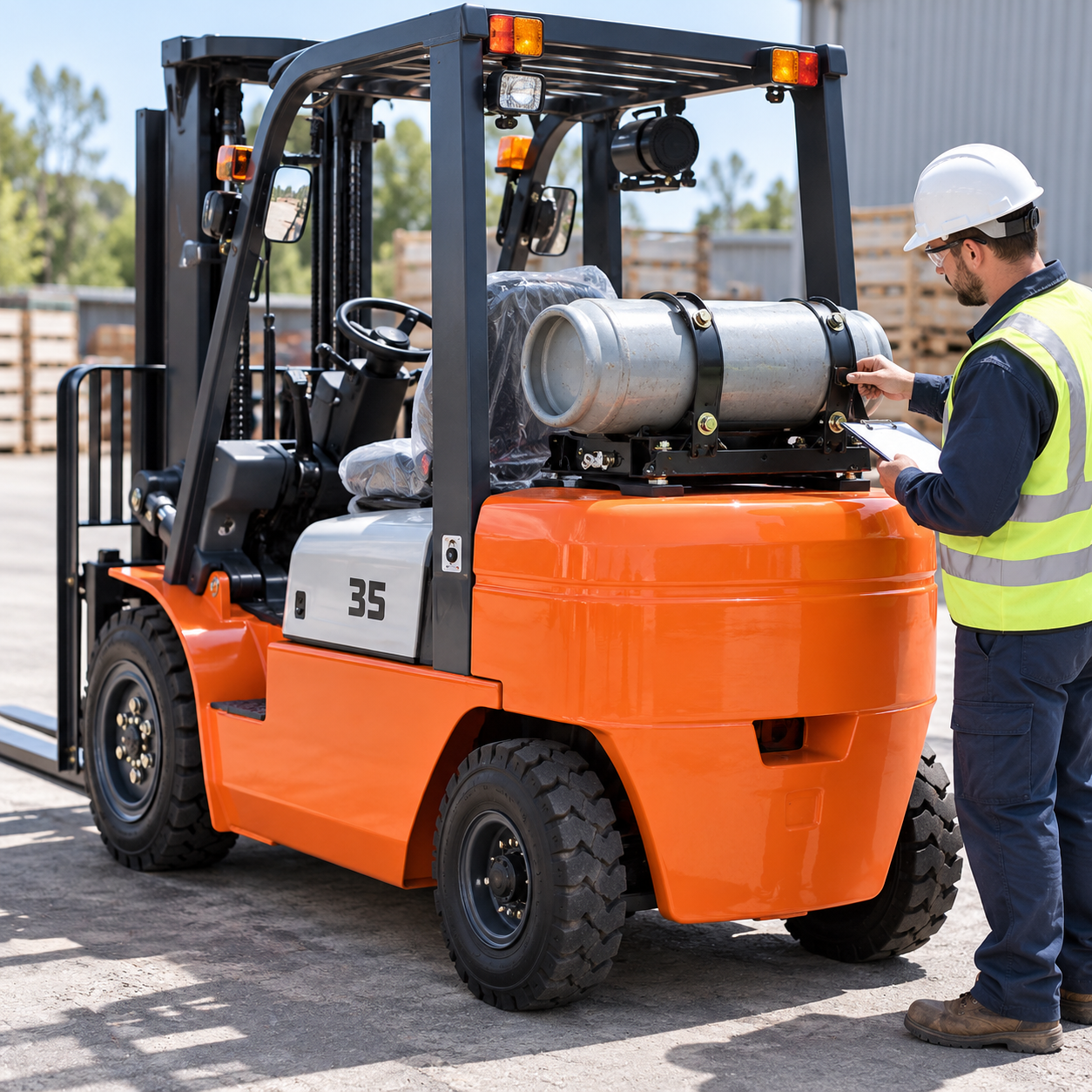 Close view of the CPC35 cylinder restraint inspected by a qualified technician