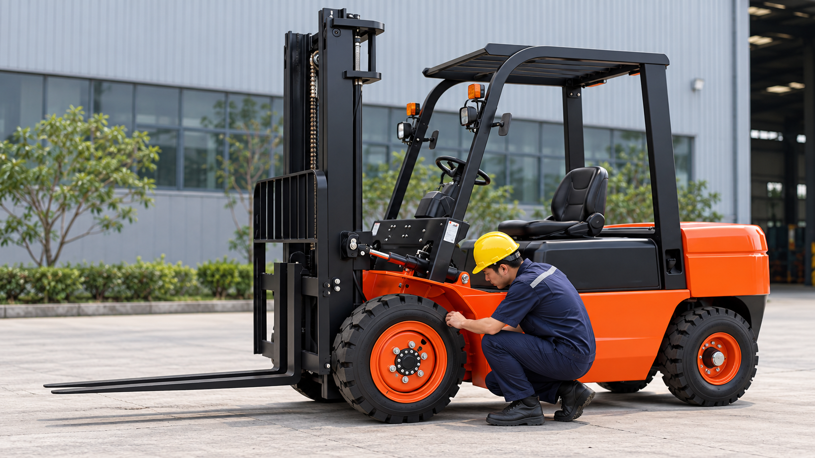 Technician visually inspecting the tire of a parked CPC30